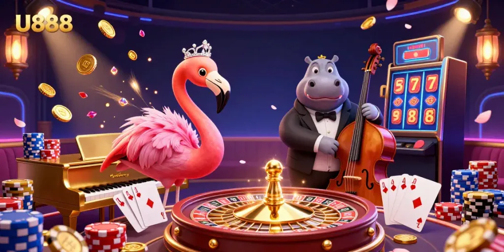 Experience the excitement at U888 with a vibrant casino lounge featuring a flamingo singer, hippo bassist, and golden casino elements.