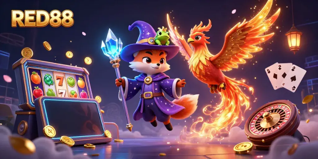 Engage with exciting gaming action at RED88 featuring vibrant slot games and mystical characters