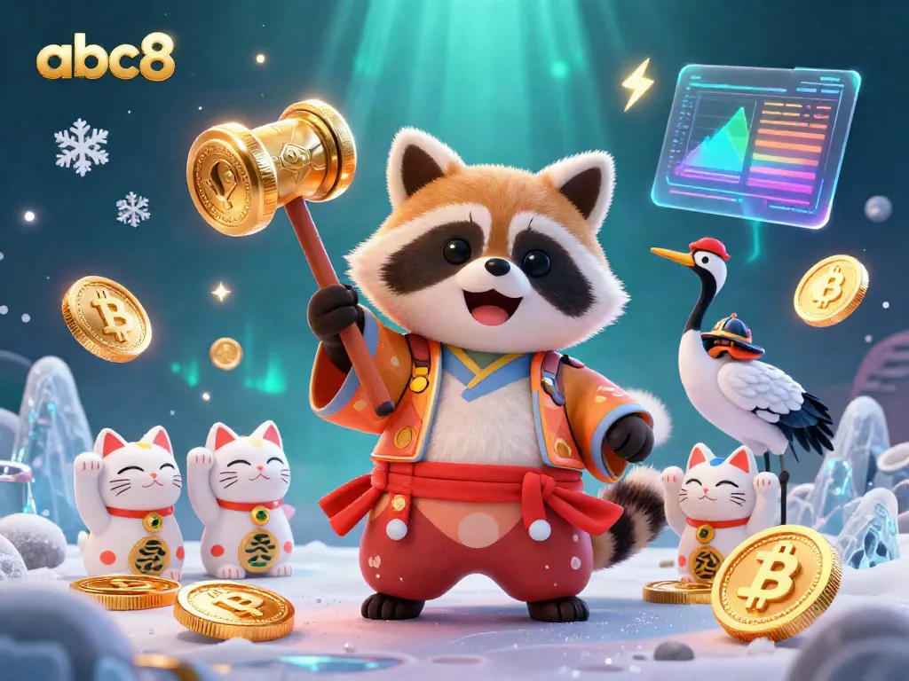 Engage with abc8's vibrant casino world featuring a cheerful tanuki amidst crypto elements and lucky symbols.