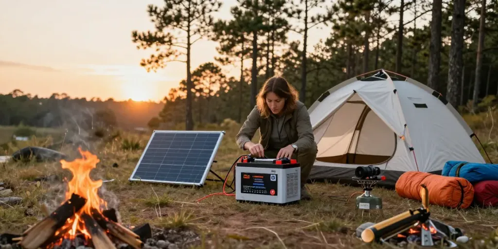 Connecting a 12v lithium battery to a solar panel at a campsite, showcasing outdoor adventure gear.