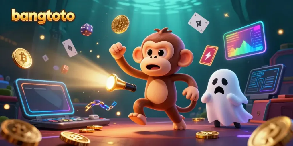 Experience exciting gameplay at bangtoto with a playful poltergeist monkey juggling golden casino items.