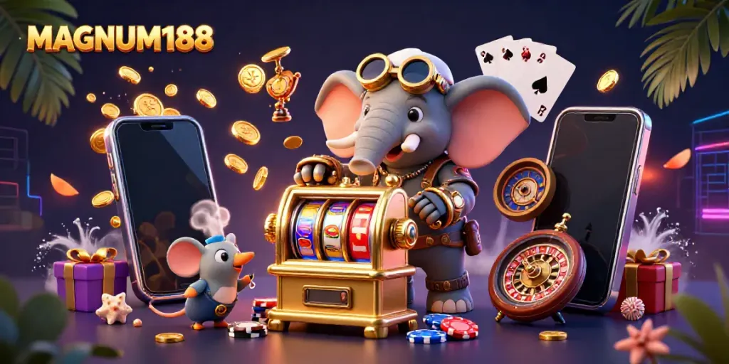 Experience the excitement of MAGNUM188 with a unique steampunk-themed casino scene.