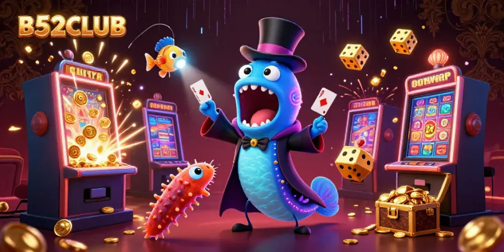 B52CLUB delivers vibrant casino magic with an energetic deep-sea scene featuring characters like a gulper eel and anglerfish.