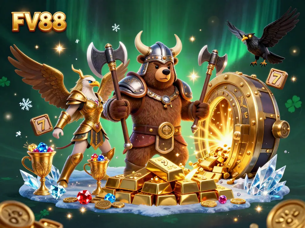 Experience thrilling casino action with FV88 as a Viking bear and Valkyrie eagle explore gold and treasures.