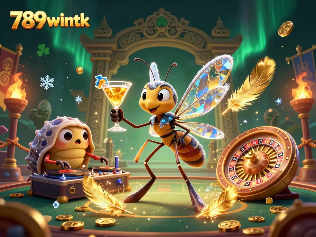 Engage with 789wintk's dynamic casino scene featuring a mosquito mascot and fossil DJ.
