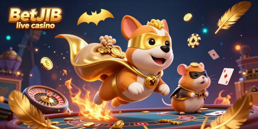 Join the thrill at BetJDB live casino with a heroic dog and a hamster amidst vibrant gaming elements.