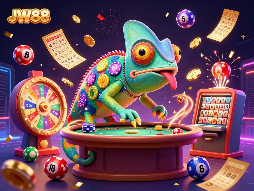 Experience thrilling gameplay at JW88 with colorful lottery balls and our chameleon casino owner.