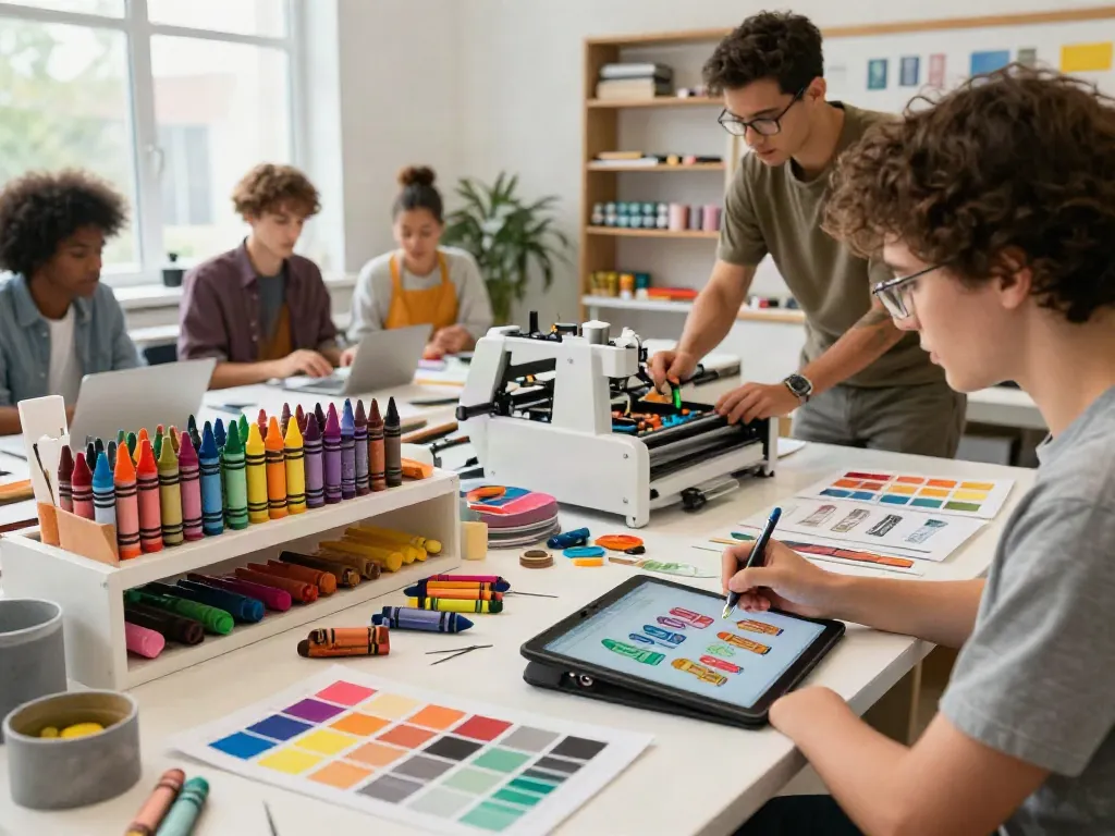 Team of crayon manufacturers collaborating on colorful designs in a vibrant studio.