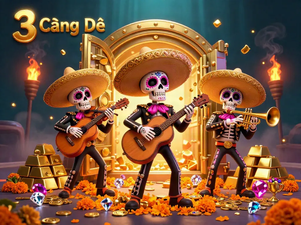 Experience the excitement of 3 Càng Đề with vibrant mariachi skeletons surrounded by treasures in this stunning 3D illustration.