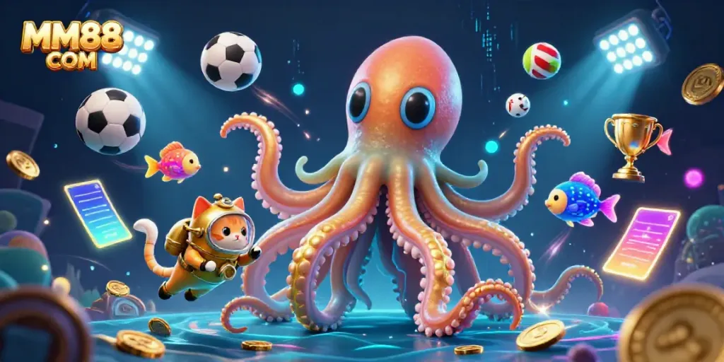 Experience the thrill of MM88 COM with a vibrant ocean scene featuring a kraken, diving cat, and bioluminescent fish.