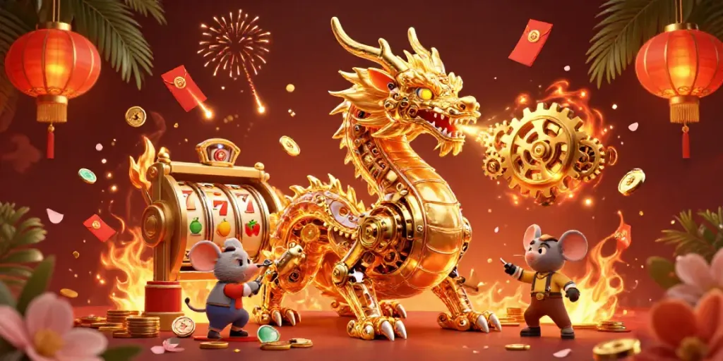 Experience excitement with five88 through this vibrant illustration of a golden dragon and casino elements.
