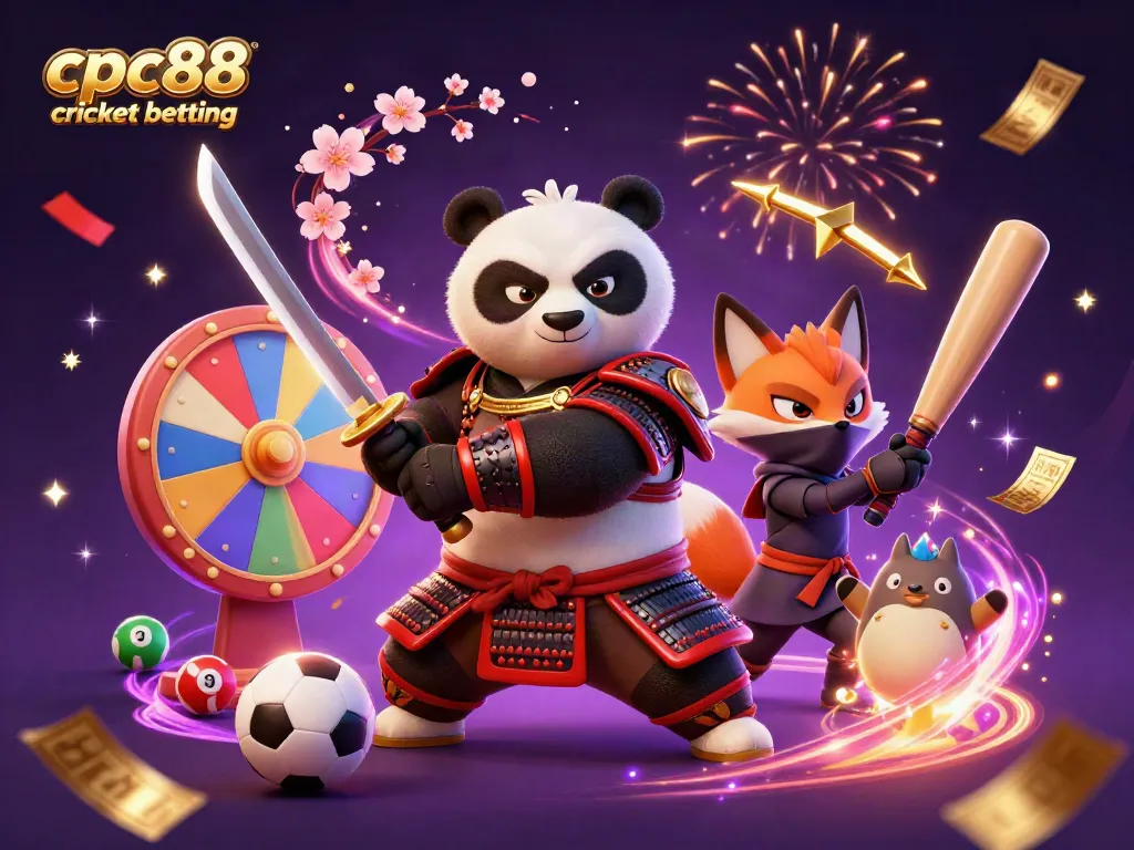 Place your bets with cpc88 cricket betting in this vibrant 3D illustration of a samurai panda and ninja fox.