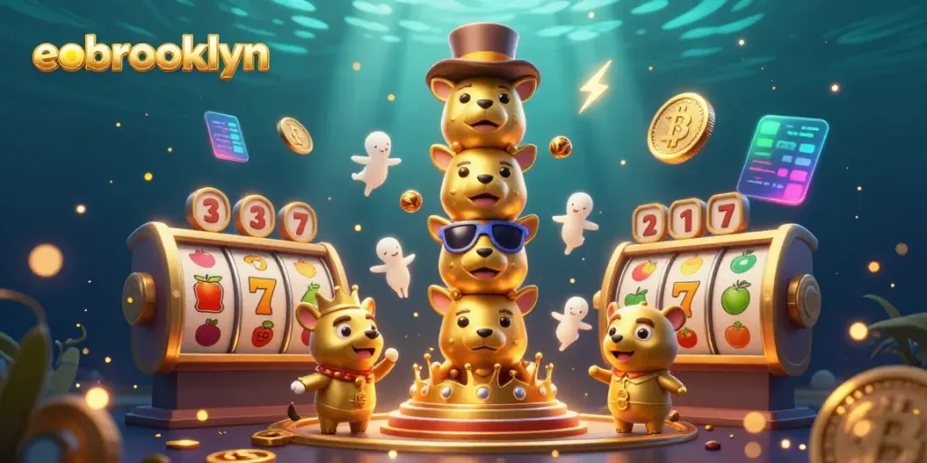 Experience thrilling slot gameplay at eobrooklyn with a vibrant 3D illustration showcasing colorful characters and casino elements.
