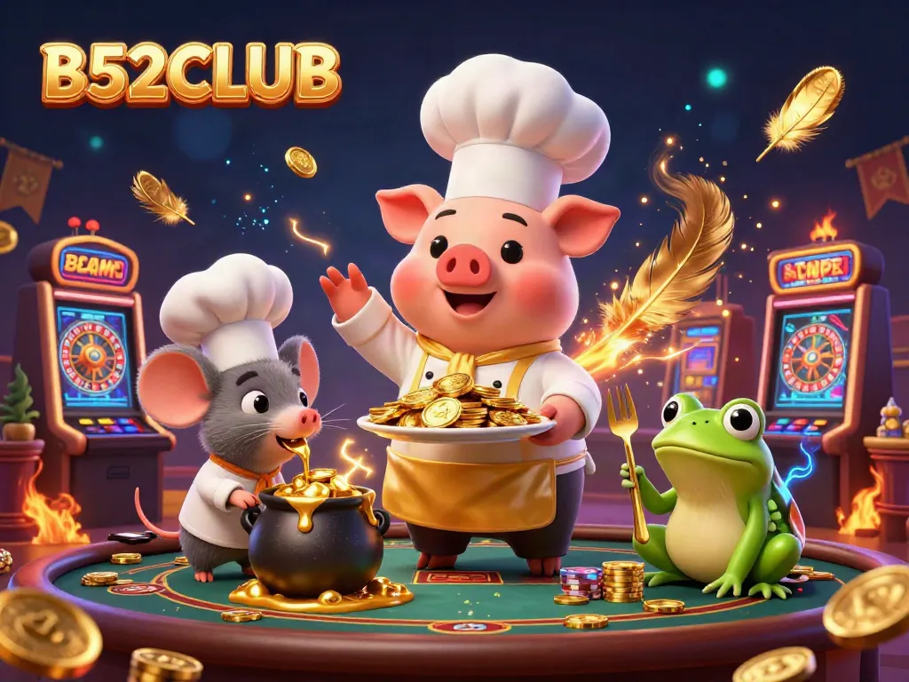 B52CLUB showcases a cartoon chef pig serving gold coins, enhancing casino gaming vibes.