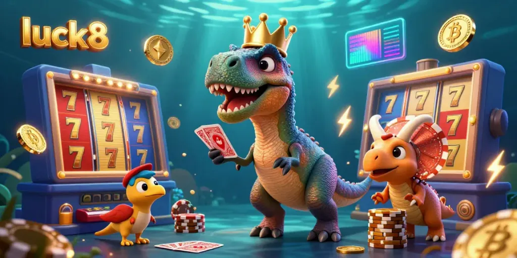 Entertain with luck8 by experiencing a vibrant scene of casino fun featuring a T-Rex and friends among colorful gambling elements.