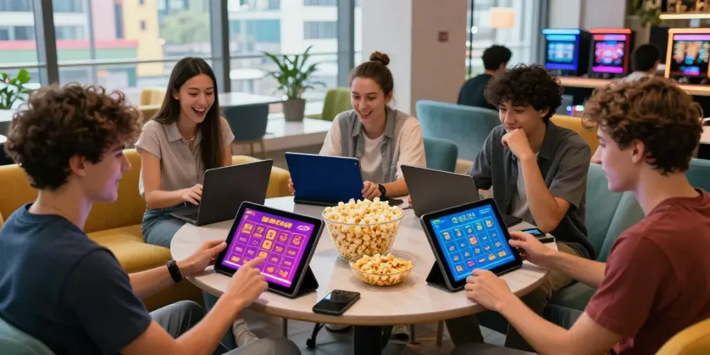 Playful group enjoying lottery games at https://totobet.net/ in a vibrant gaming lounge.