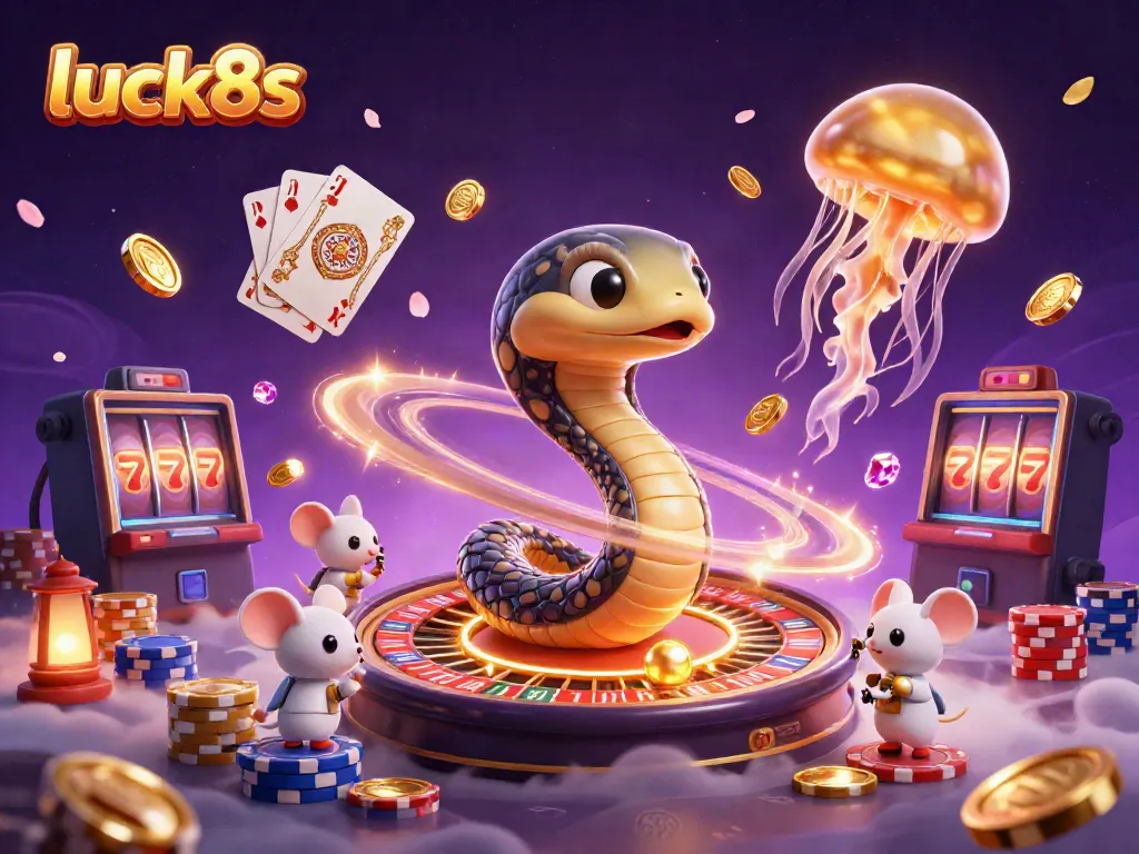 Experience the excitement at luck8s with a cosmic casino scene featuring snake roulette and astronaut mice betting.