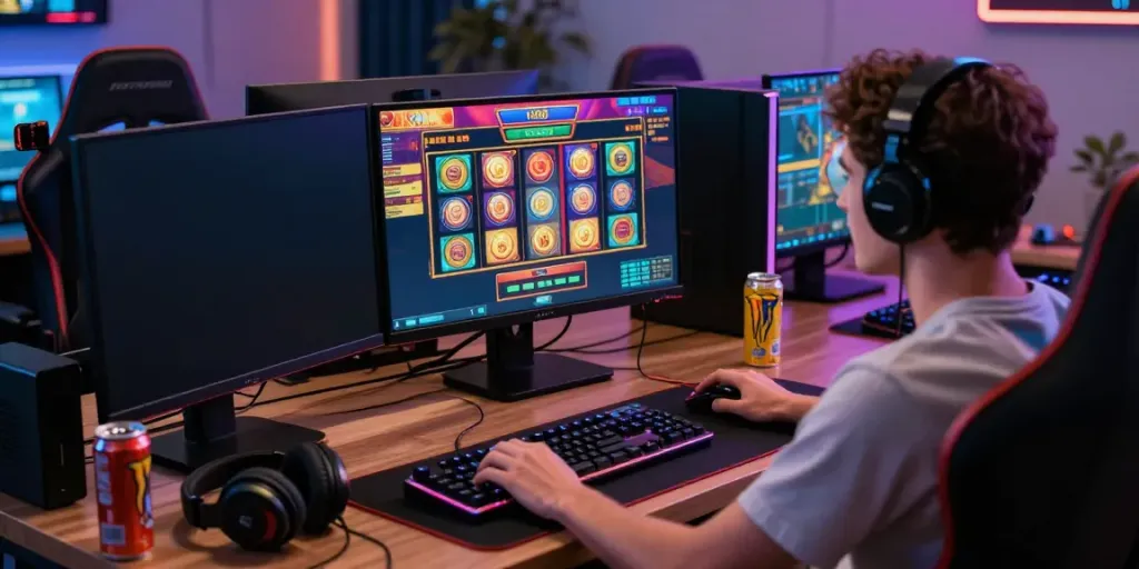 Pengguna aktif bermain slot online di oyo288 dengan perangkat gaming modern di ruang kerja yang nyaman.