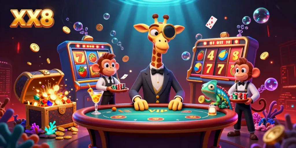 Gambling scene showcasing the XX8 giraffe at a poker table with lively gaming elements.