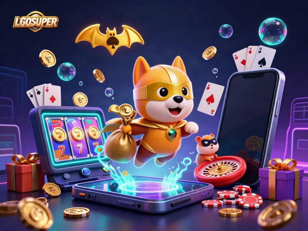LGOSUPER offers vibrant slot game action with a superhero dog and sidekick amidst shining gold coins and poker elements.