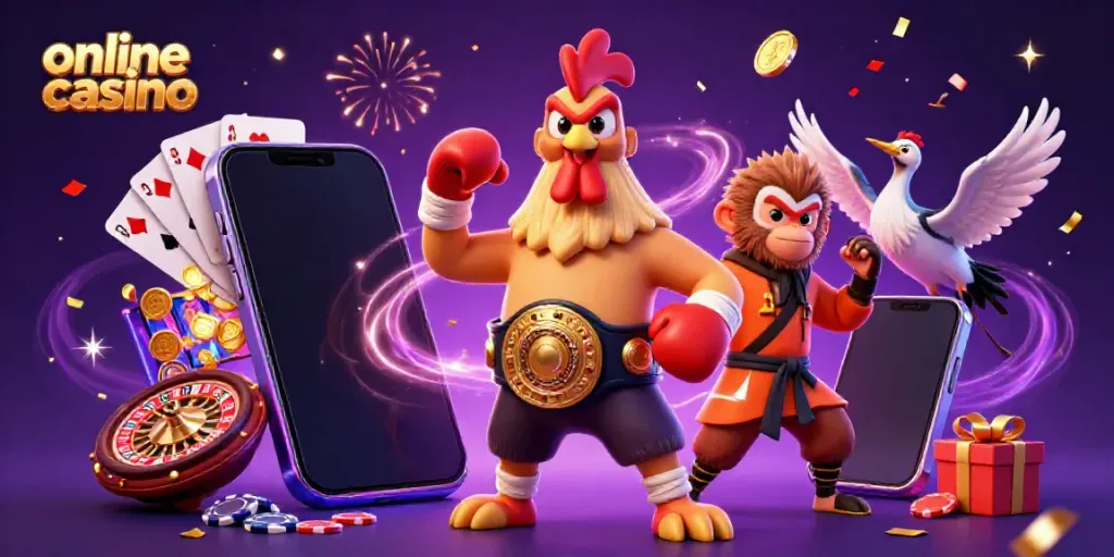 Experience the thrill of playing at an online casino with dynamic elements and characters.
