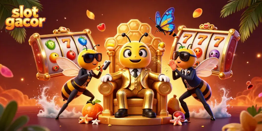Watch the captivating scene of the slot gacor bumblebee mob boss with flanking wasp bodyguards and a butterfly informant amidst vibrant slot elements.