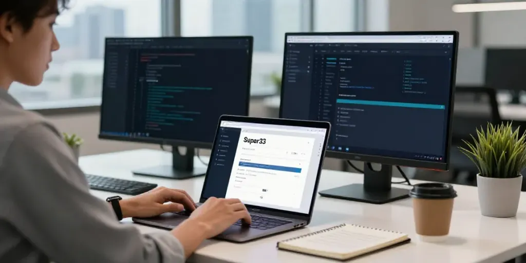 Logging into Super33 on a modern workspace with dual monitors and a laptop.
