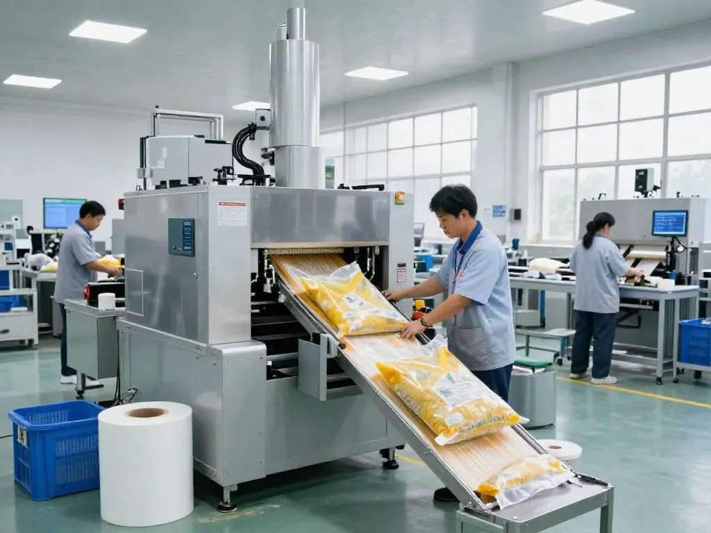 Open-mouth bagging machines in use by a packaging machinery supplier, highlighting advanced features and operational efficiency.
