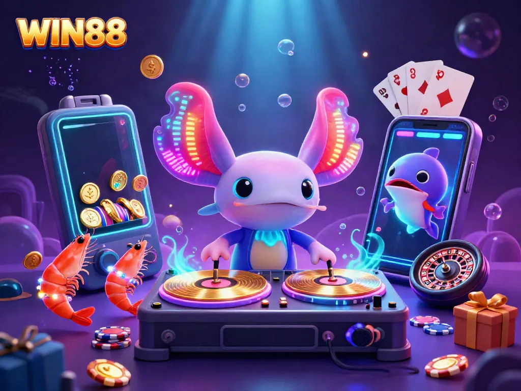 Experience thrilling gameplay at WIN88 with vibrant casino-themed underwater DJ scene.