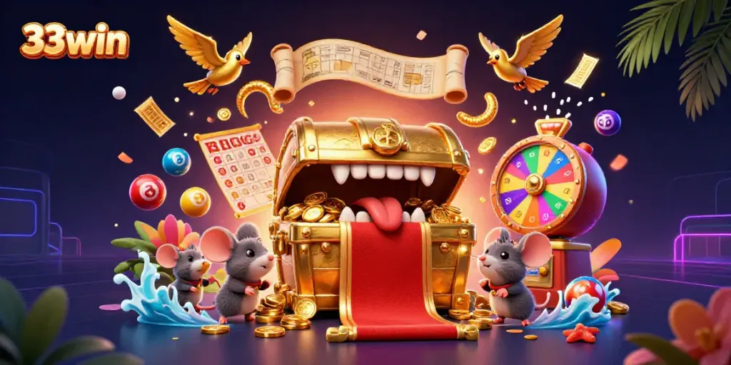 Engaging 33win animated scene featuring adventurous mice attracted to a treasure chest with vibrant casino elements.
