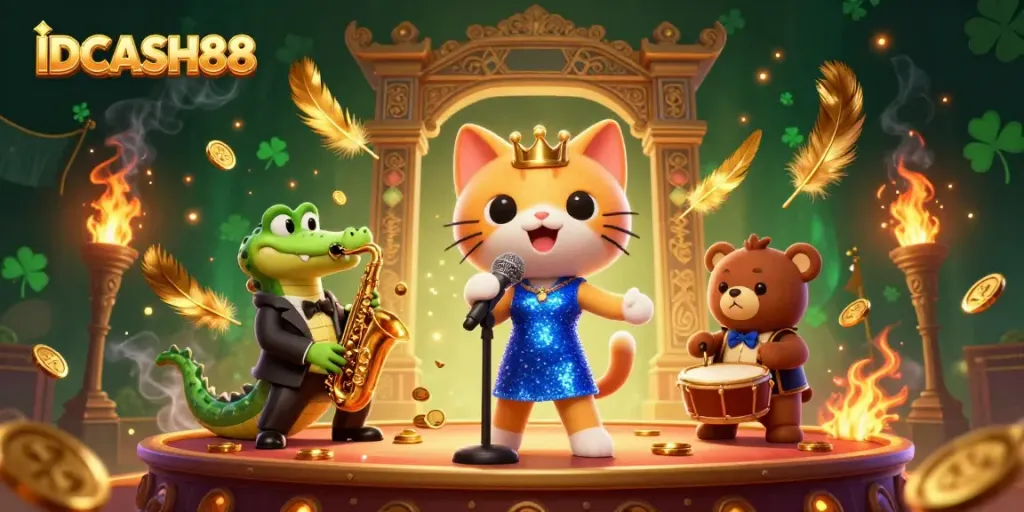 Join the fun at IDCASH88 with vibrant characters and casino elements in this dynamic 3D illustration.