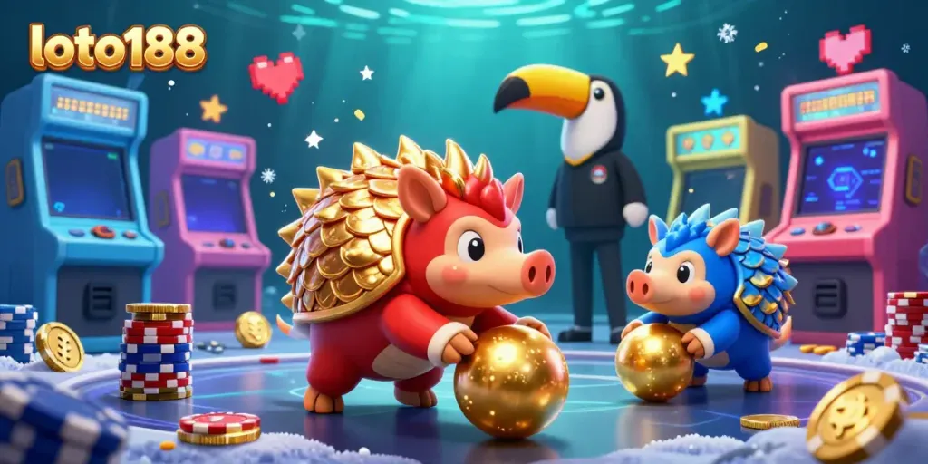 Engage with loto188 by exploring the animated gaming showdown between rival pangolins in a vibrant casino atmosphere.