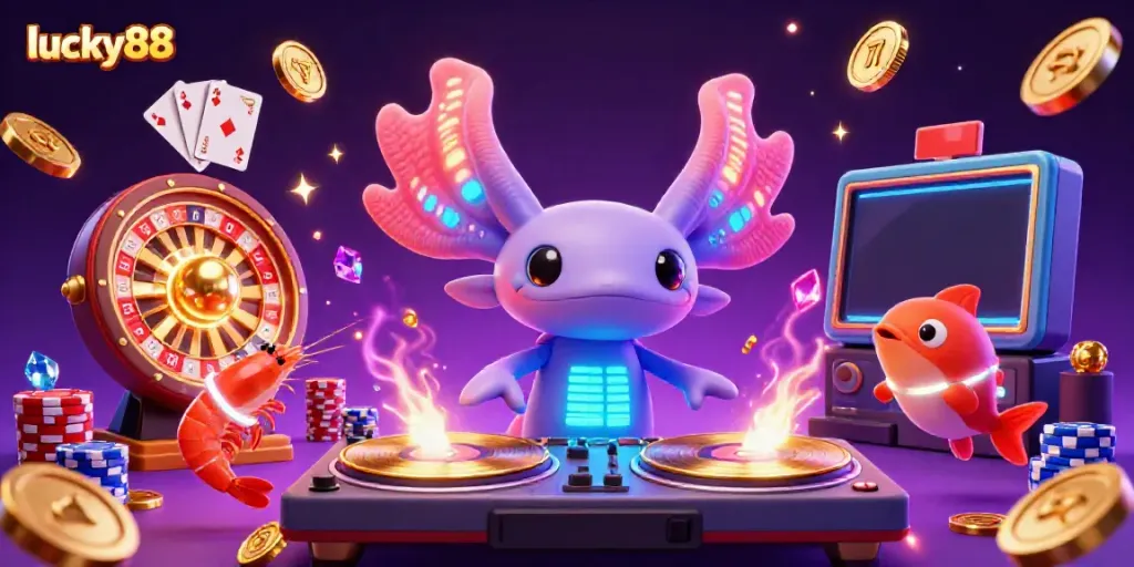 Spin the reels with lucky88 in this vibrant casino-themed scene, featuring an axolotl DJ.