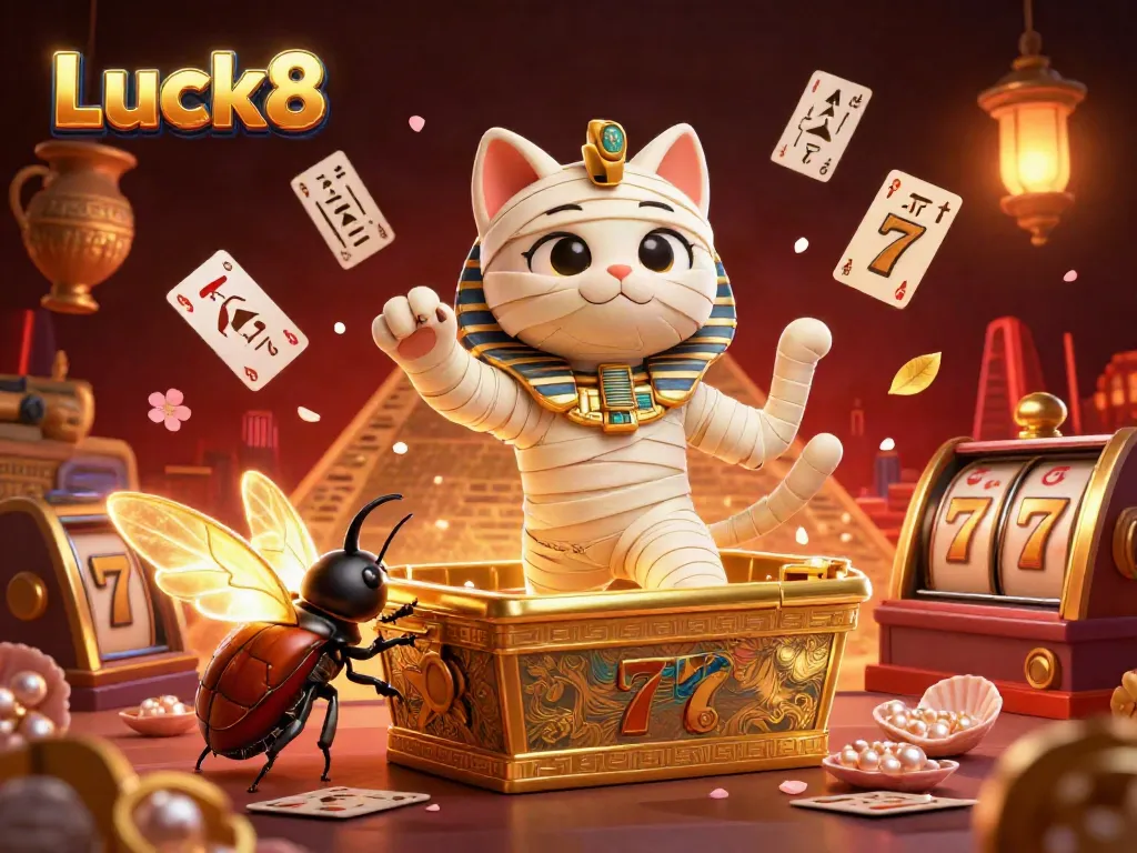 Experience the thrill of Luck8 with an Egyptian mummy cat and glowing scarab beetle bursting from a golden sarcophagus in a vibrant casino.