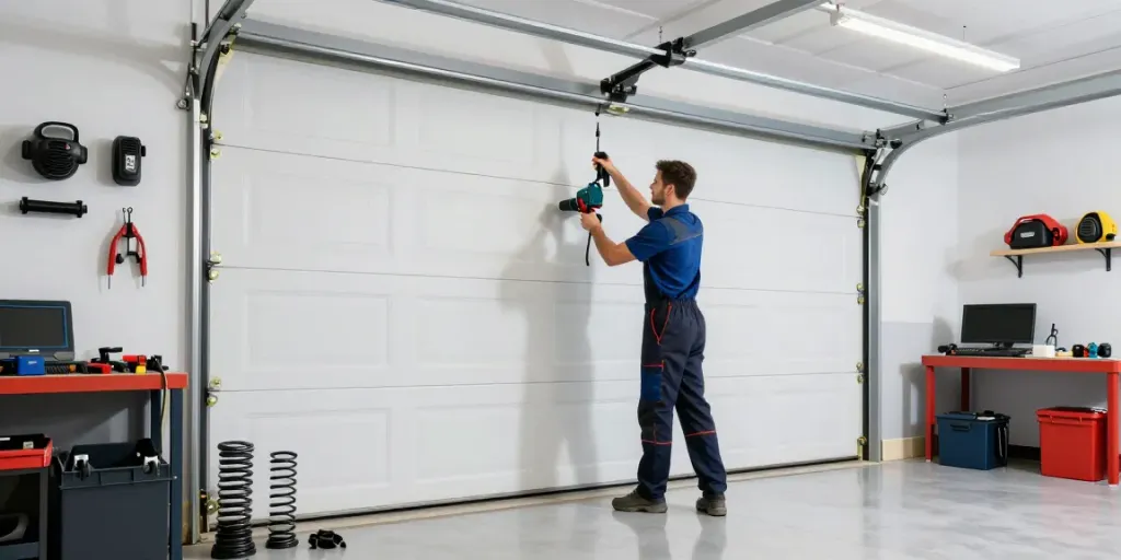 Expert garage door technician repairing equipment in bright workshop.