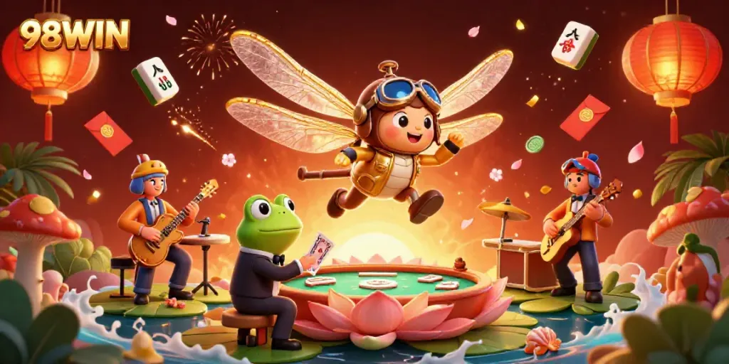 Engage in gameplay excitement at 98WIN casino, featuring dynamic dragonfly pilot, frog dealer, and jazz musicians.