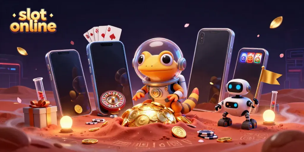 Permainan slot online yang mengasyikkan dengan karakter unik di kasino emas yang terkubur.