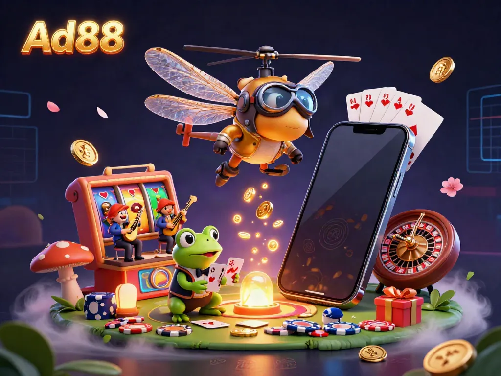 Play engaging casino games at Ad88, where a cartoon dragonfly pilot oversees a lily pad casino.