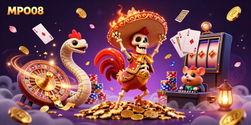 Celebrate big wins with MPO08's vibrant casino scene featuring cartoon characters amidst golden coins.