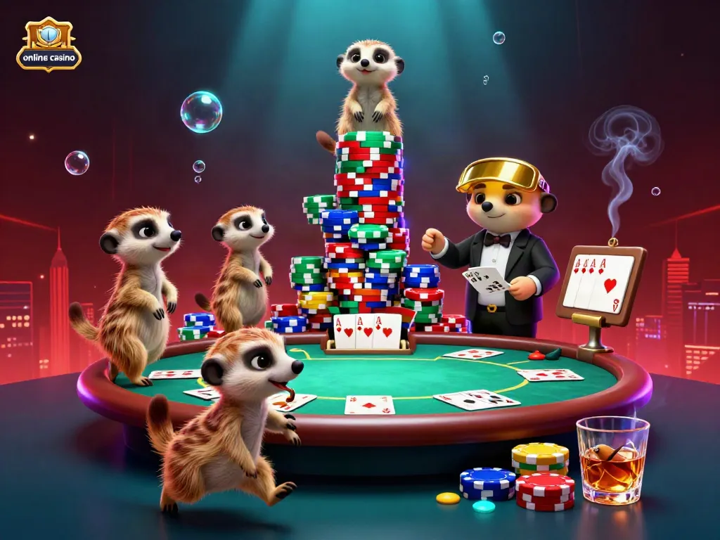 Engaging scene of meerkats operating a vibrant online casino, featuring poker elements.