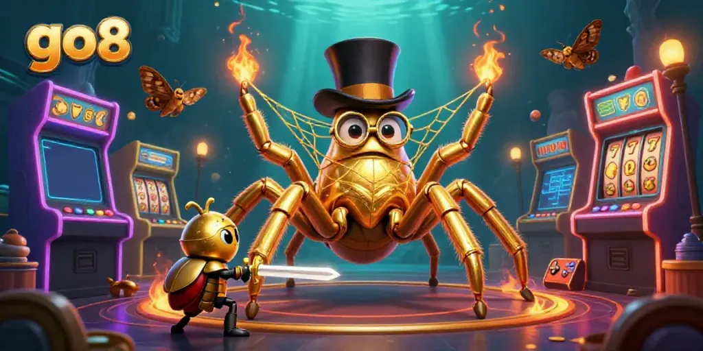 Engage with go8's thrilling casino adventure featuring game elements and a golden tarantula.