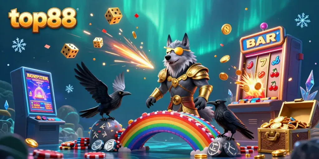 Immerse in the thrilling world of top88 as Norse-inspired characters interact with vibrant casino elements.