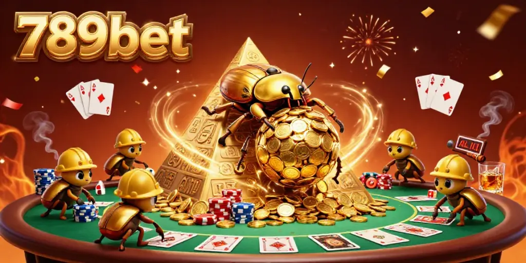 Experience the excitement of 789bet with golden beetles rolling coins amid casino games.