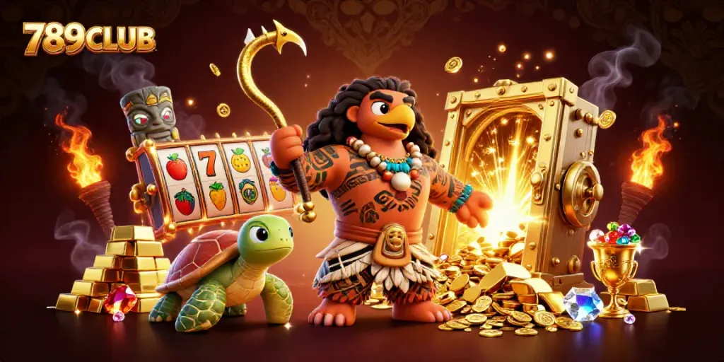 Engage with the thrilling world of 789CLUB, showcasing a vibrant 3D casino scene with animated characters and winning elements.