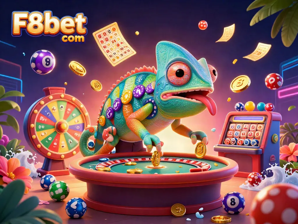 Experience exciting games at F8bet com with vibrant visuals of a chameleon casino owner amidst dynamic gambling elements.