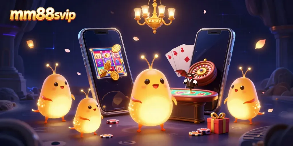 Win big at mm88svip with glowing casino glowworms lighting a vibrant slot game scene, showcasing fun game elements.