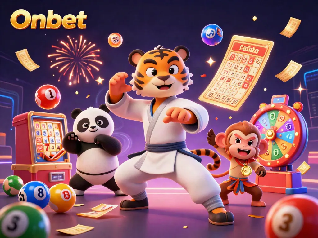 Experience the thrill of Onbet with a colorful scene of characters celebrating wins in a vibrant casino atmosphere.