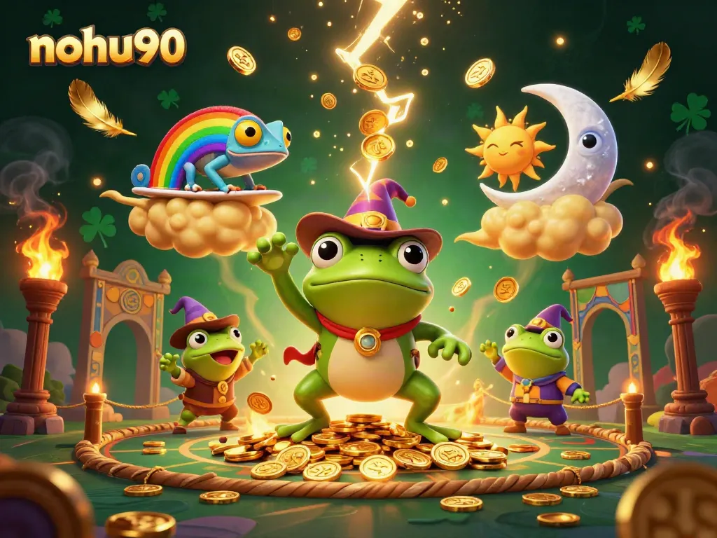 Experience the thrill of nohu90 with a vibrant storm of golden coins and whimsical characters.