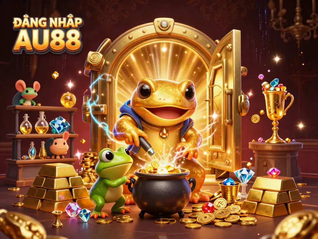 Engage in ĐĂNG NHẬP AU88 with a magical scene of alchemy transforming base metals into gold, surrounded by treasure!
