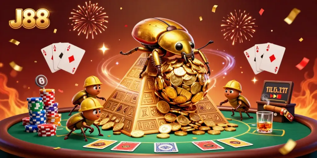 Experience J88 thrills with a bustling casino scene featuring vibrant poker elements and golden coins.